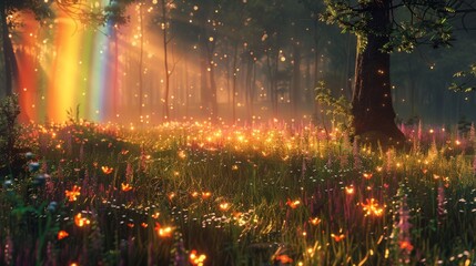 Fireflies light up the dusk beneath a fading rainbow after a summer rain.