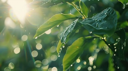Wall Mural - Green Leaves Glistening with Raindrops in Sunlight