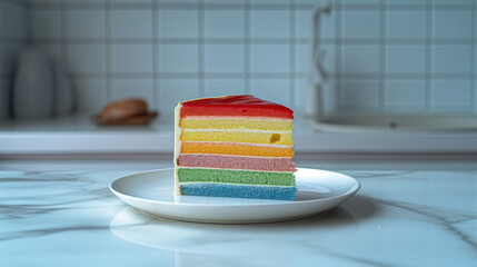 A portrait of a white plate sitting on a beautiful white marble table counter containing delicious slice of rainbow layered cake lit up by a bright sunny day  with a luxury kitchen background