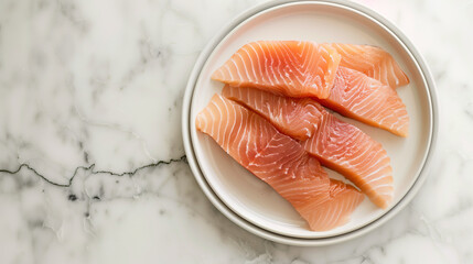 A portrait of a white plate sitting on a beautiful white marble counter containing delicious slices of salmon lit up by a bright sunny day