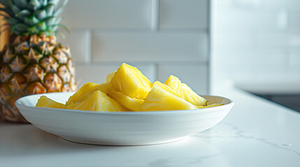 A portrait of a white plate sitting on a beautiful white table counter containing delicious slices of pineapples lit up by a bright sunny day