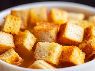 Wall Mural - Crispy golden freshly sauteed croutons made of cubes white bread as a delicious crunchy addition to a bowl of hot winter soup. Soft focus