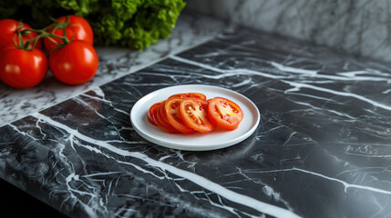 Portrait of a white plate sitting on a beautiful black marble table containing delicious slices of  organic, healthy and fresh tomatoes during a sunny day with a kitchen background