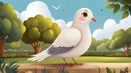 Poster - cartoon illustration of cute dove bird in park