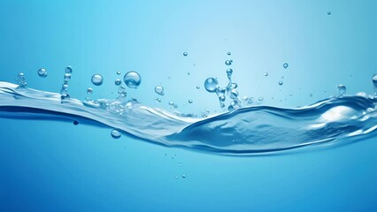 Poster - Clear blue water splashes and waves with drops. Liquid splash with drops. 3D element. Clear drink. Is the water falling clear or foaming?