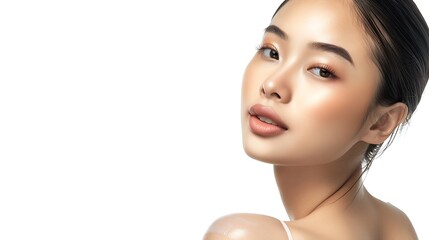 studio shot of beautiful young asian woman with clean fresh skin isolated on white background face c