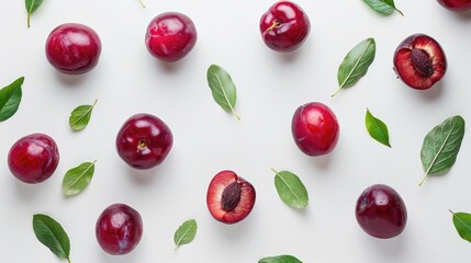 Wall Mural - Red plums with leaves separated on a white backdrop