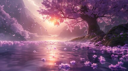 A fantastical landscape with a tree covered in purple flowers and the petals are blowing in the wind. 