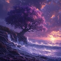 Wall Mural - A fantastical landscape with a tree covered in purple flowers and the petals are blowing in the wind. 