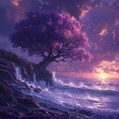 Sticker - A fantastical landscape with a tree covered in purple flowers and the petals are blowing in the wind. 