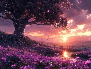 Wall Mural - A fantastical landscape with a tree covered in purple flowers and the petals are blowing in the wind. 