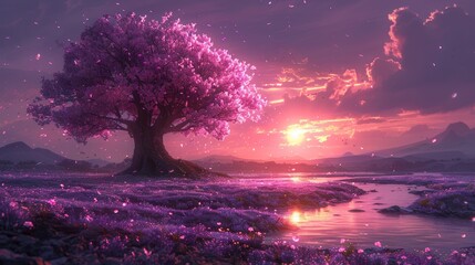 Wall Mural - A fantastical landscape with a tree covered in purple flowers and the petals are blowing in the wind. 