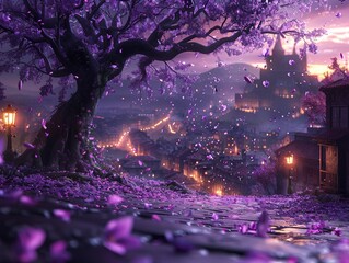 Wall Mural - A fantastical landscape with a tree covered in purple flowers and the petals are blowing in the wind. 
