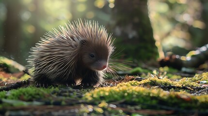 Wall Mural - A baby porcupine exploring a forest floor.