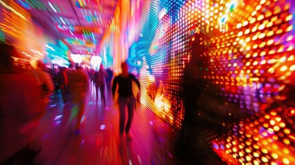 Wall Mural - Colorful lights and screens blur together in a dazzling display at a tech conference afterparty.