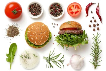 burger ingredients isolated on white background. Top view. HD, realistic, copyspace , Generative ai