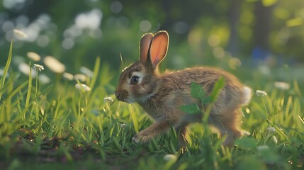 Wall Mural - A baby rabbit hopping through a grassy meadow.