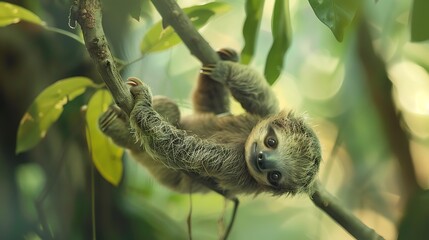 Wall Mural - A baby sloth hanging upside down from a branch.