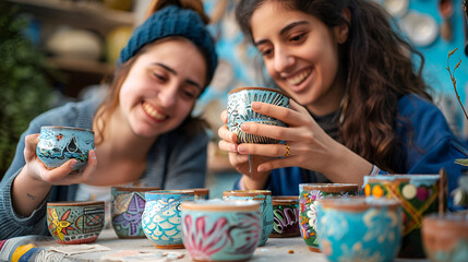 Wall Mural - Happy Young Craftswomen Decorating Their Handmade Ceramics