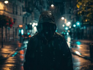 a man with a hood on his head hides his face and stands on a street of a big city at night - ai