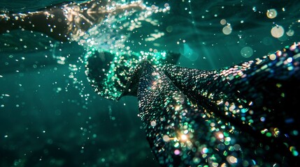 Wall Mural - Detailed view of a sequined dress shimmering under the water, reflecting light and creating a dazzling effect. 
