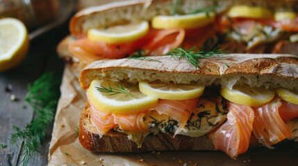 Wall Mural - Smoked trout lemon and fennel sandwiches with a shallow depth of field