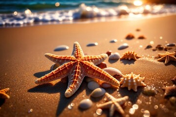 Starfish on seaside beach, tropical summer vacation holiday concept