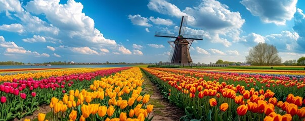 panorama of landscape with blooming colorful tulip field, traditional dutch windmill and blue cloudy