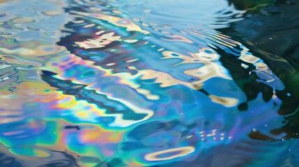 Poster - Close-up of an oil slick on the water surface, iridescent sheen captured from below.