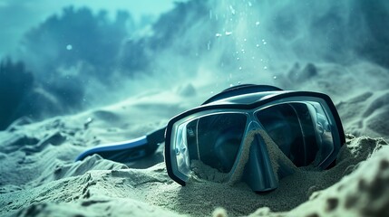 Poster - Macro shot of a diving mask and snorkel buried in sand, cool blues and sandy textures, underwater equipment, no humans