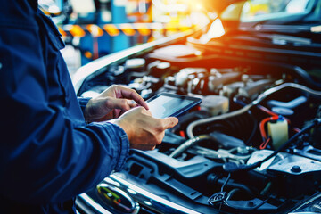 Wall Mural - Male Mechanic Uses a Tablet Computer with an Augmented Reality Diagnostics Software. Specialist Inspecting Car. Generative Ai.