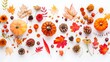 © Farid - Autumn composition. Dried leaves, pumpkins, flowers, rowan berries on white background. Autumn, fall, halloween, thanksgiving day concept. Flat lay, top view, copy space.