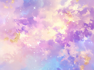 Poster - Watercolor painting of a pastel sky with gold stars and copy space text. Perfect for dreamy, romantic, or celestial-themed designs.