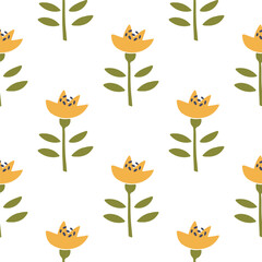 Wall Mural - Floral vector seamless pattern. Trendy simple yellow flower with leaves on white background. Summer meadow flowers illustration. Print for digital paper, fabric, wrapping, scrapbooking, baby clothes.