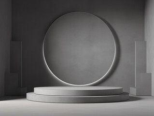 Poster - Abstract gray background with a circular platform and copy space text. Perfect for minimalist, modern, or product displays.