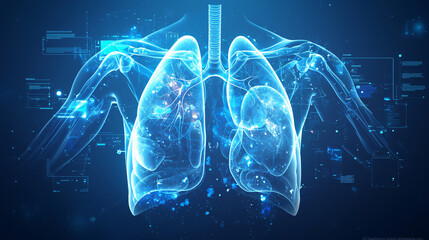 Poster - Digital illustration of human lungs with blue and white glowing lights. Abstract medical background with copy space text.