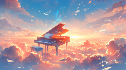Poster - Abstract illustration of a piano in the clouds with copy space text. Perfect for music, dreams, or fantasy-themed projects.