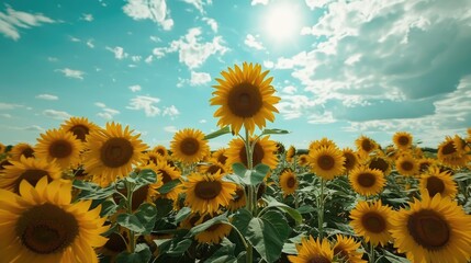 Wall Mural - Sunflower field blooming against the sky