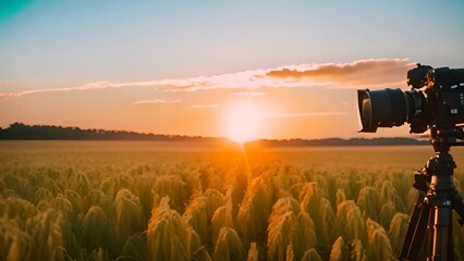 Poster - Camera Capturing Sunset Over Wheat Field Generative AI