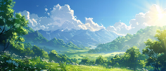 Serene mountain landscape with lush greenery, blue skies, and sunshine peaking through fluffy white clouds on a beautiful day.