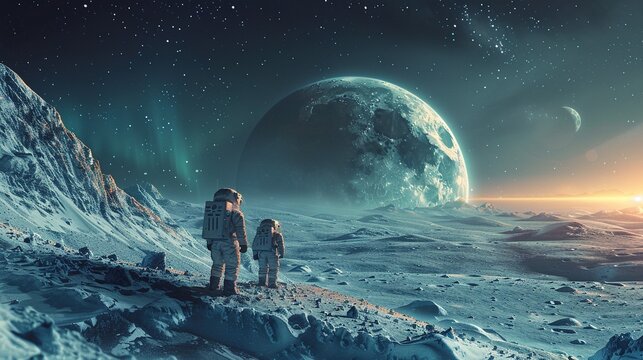 Two astronauts stand on a snowy surface looking up at a large moon