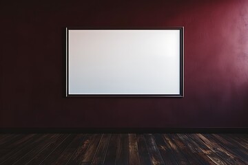 A dark maroon wall featuring a single narrow rectangular empty blank picture frame, placed horizontally with a dark wooden floor beneath. The frame is centered and well-lit.