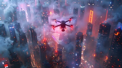 Wall Mural - Futuristic Aerial Cityscape with Neon Lit Skyscrapers and High Tech Drone Logo