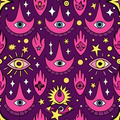 Wall Mural - Seamless pattern of mystical symbols like eyes, hands, and crescents, Generative AI