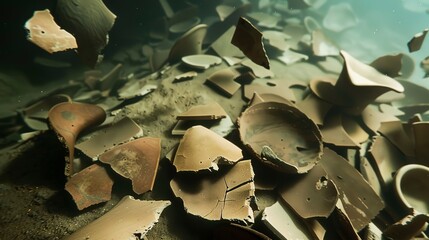 Wall Mural - Detailed view of pottery shards gathered from an underwater dig, each piece telling a fragment of history. 