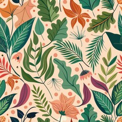Wall Mural - Seamless pattern of whimsical botanical elements and leafy vines, Generative AI