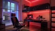 © Aqsa - A contemporary teenage room with a high-gloss black desk, ergonomic chair, and a sleek bed on the second floor, under a vibrant red light that adds energy and passion to the design.