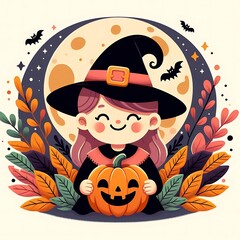 Wall Mural - cute witch girl with full moon and pumpkin vector illustration.