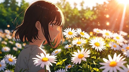 Wall Mural - An cute anime girl with daisies flowers. Anime Style