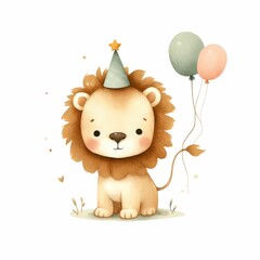 lion and birthday element. earth tone color, watercolor illustration, Perfect for nursery art, simple clipart, single object, white color background.